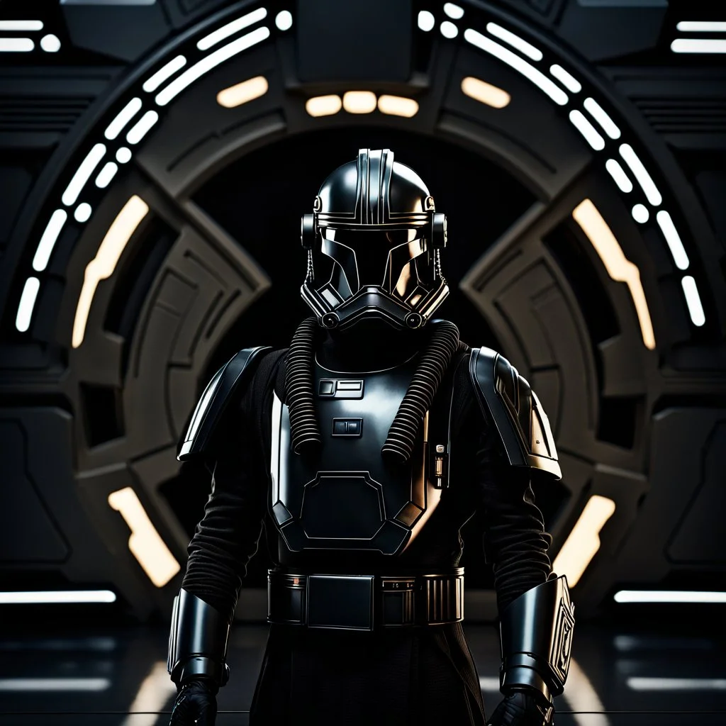 star wars bald male corellian pilot wearing gunmetal grey and black First Order armored special forces TIE pilot flightsuit and helmet with gold trim inside the jedi temple, centered head and shoulders portrait, hyperdetailed, dynamic lighting, hyperdetailed background, 8k resolution, volumetric lighting, fully symmetric details