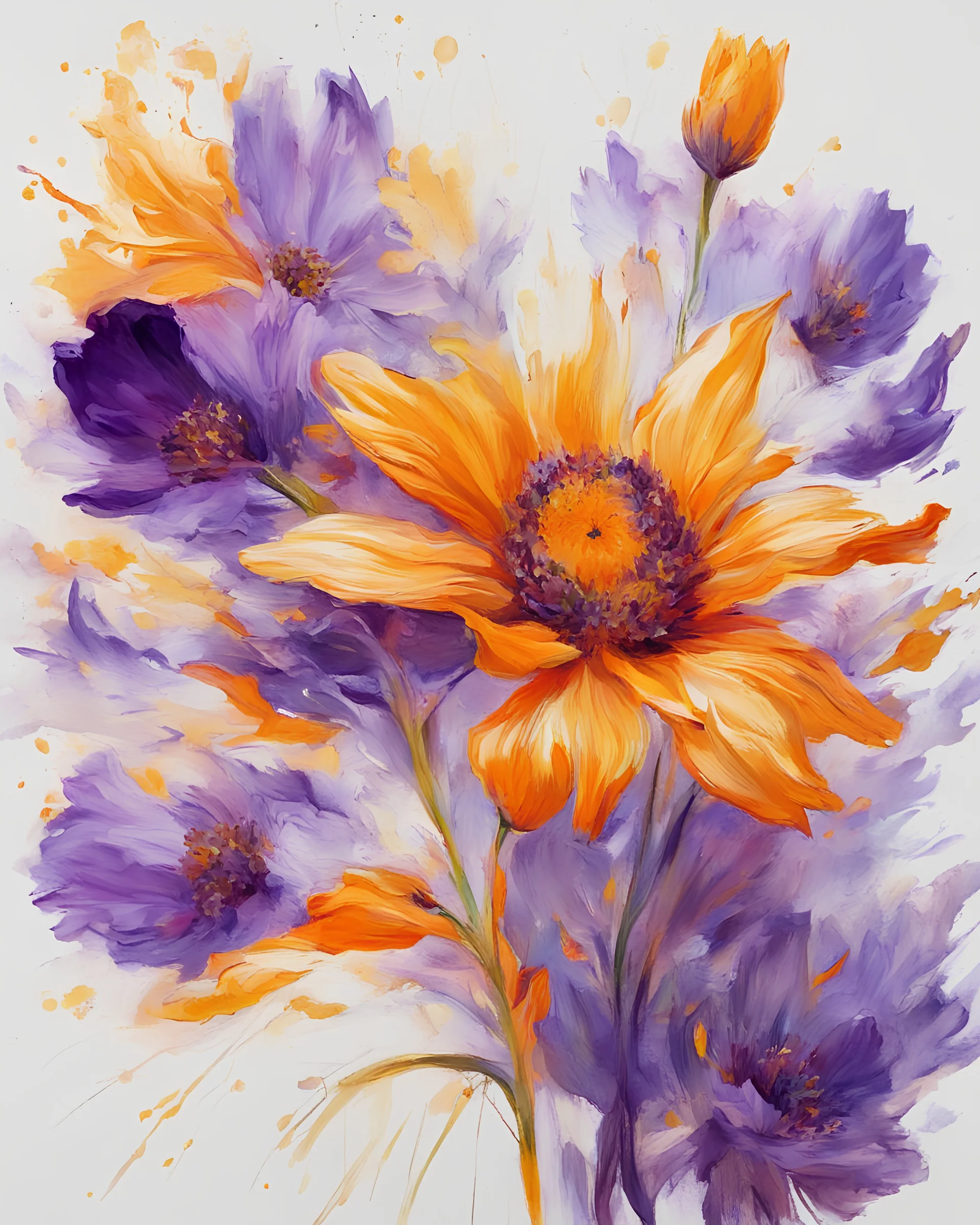 bright light and purple, gold and orange flower van Gough white background