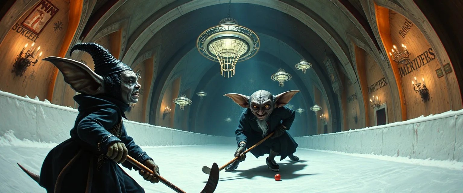 pin hole cam, master oil painting by Rembrandt, d&d glam rock and glitter vampire gremlin illithid and lich playing hockey in ice skating hall or church, in the style of giger and escher, sci fi with floating little saucers