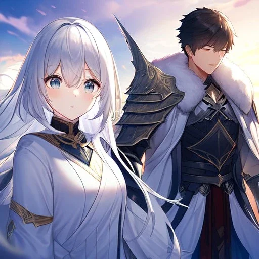 Girl with white hair wearing white robes. Boy with black hair wearing leather armor