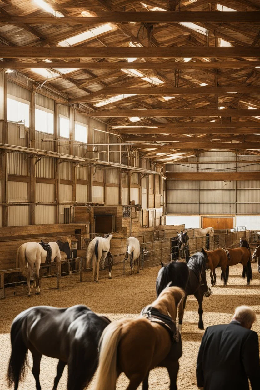 Exhibitor show hall with horses in a horse stable