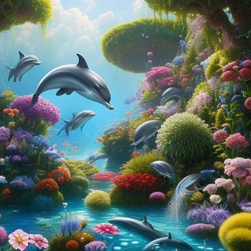 pixar style, volumetric summer garden environment and background, realistic painting of a dolphin, looking excited, detailed digital painting, extreme dense and fine fur, anime, ornate, colour-washed colors, elegant, small minutiae, tiny features, particulars, centered, smooth, sharp focus, renderman gofur render, 8k, uhd, detailed eyes, realistic shaded volumetric lighting, sunlight caustics, backlight, centered camera view