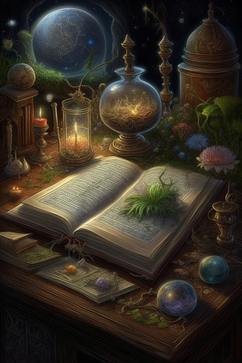 magic An illustration to an ancient reference book of the dwelling of fairy-tale characters, graphics, text with symbols, an alchemist's laboratory. realistic, scientific, detailed, patterns, cobwebs, decoupage of garden flowers,fabulous,hyperrealism,microdetalization,surreal,drawing,clear outline,color illustration,aesthetics,mystical landscape,dark botanical,dark fantasy,multicolor,detailed,threads,fibers,ambient clarity,volumetric,hyperdetalization,