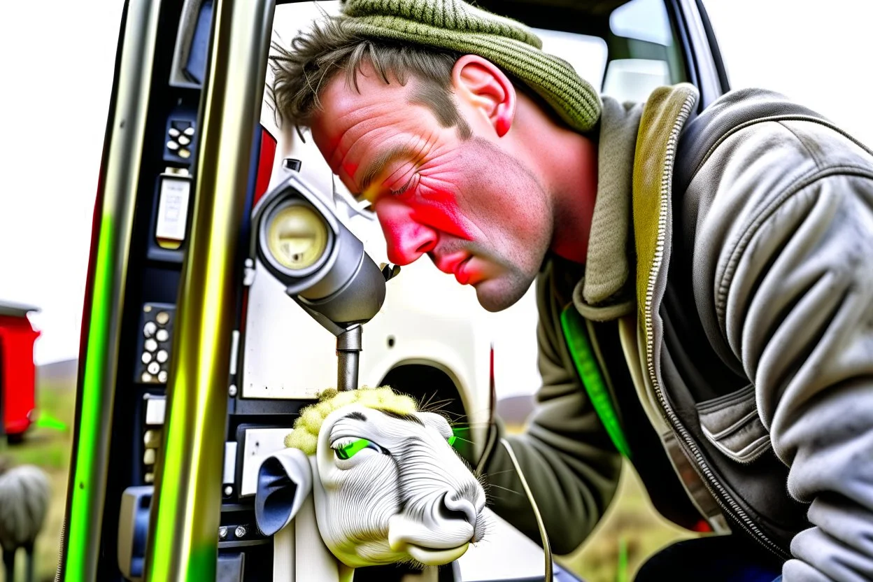 667711 portrait of a broken head mechanic, kissing a hybrid mixed body part sheep, fixing (far away old land rover 4x4 discovery 2) in the countryside