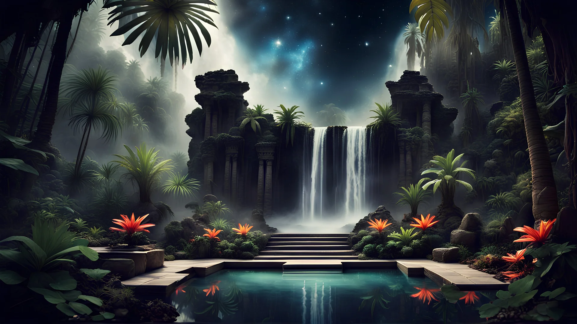 My With dreams. In the garden my mind bows . The lost temple aztec in the midst in the jungle palms , A rocky mountain where a large waterfall falls from the sky. space color is black , where you can see the fire and smell the smoke, galaxy, space, ethereal space, panorama. With the songs of dawn and the sadness of sleep Every leaf - that trembles in the embrace of the green My With dreams, An otherworldly planet,