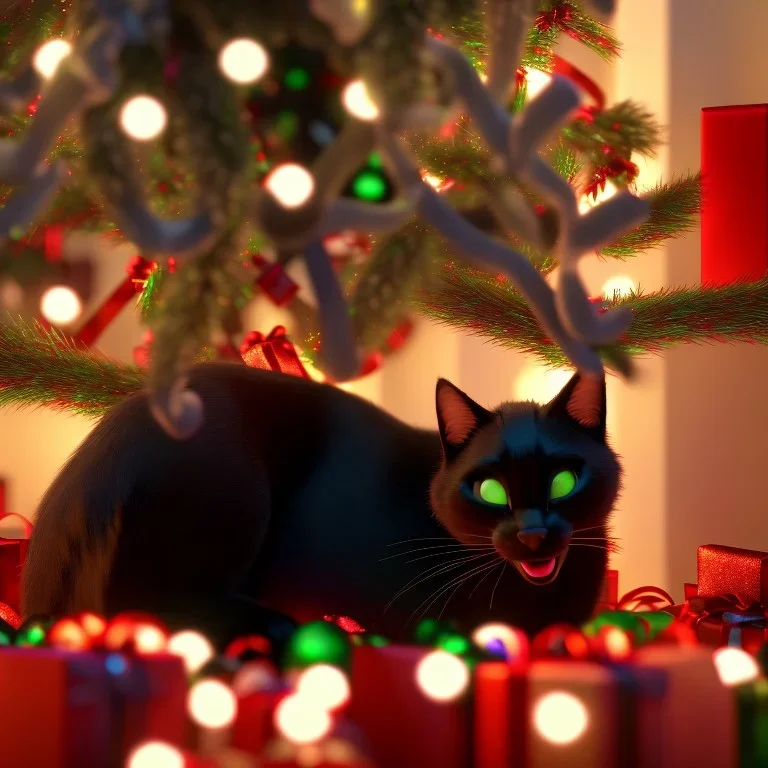 black Cat tangled up in christmas tree lights holiday