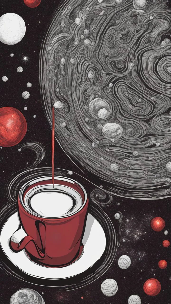 realistic cosmic red coffee looking illustration t shirt art, front view, vibrant color, black background