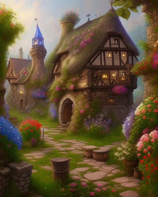 medieval fantasy village with flowers rpg art painterly