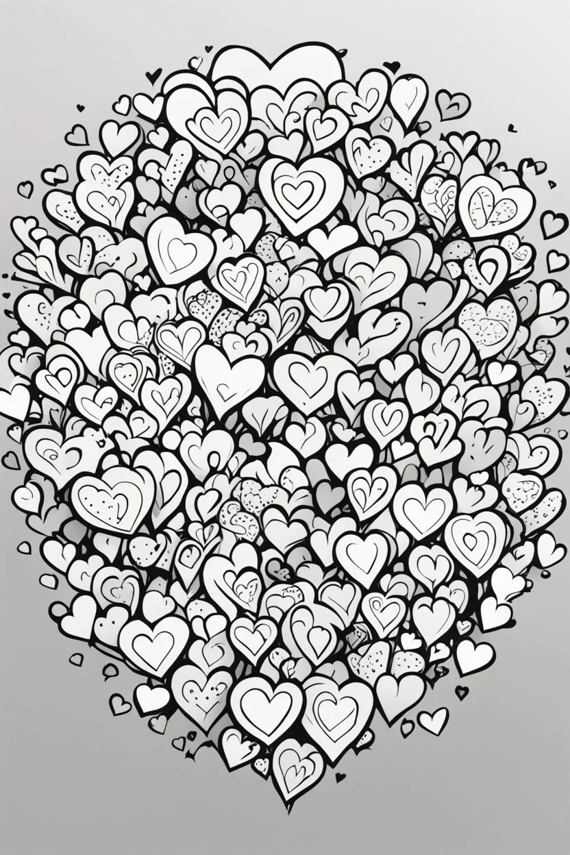 create a coloring page of a bunch of hearts over the page, black and white
