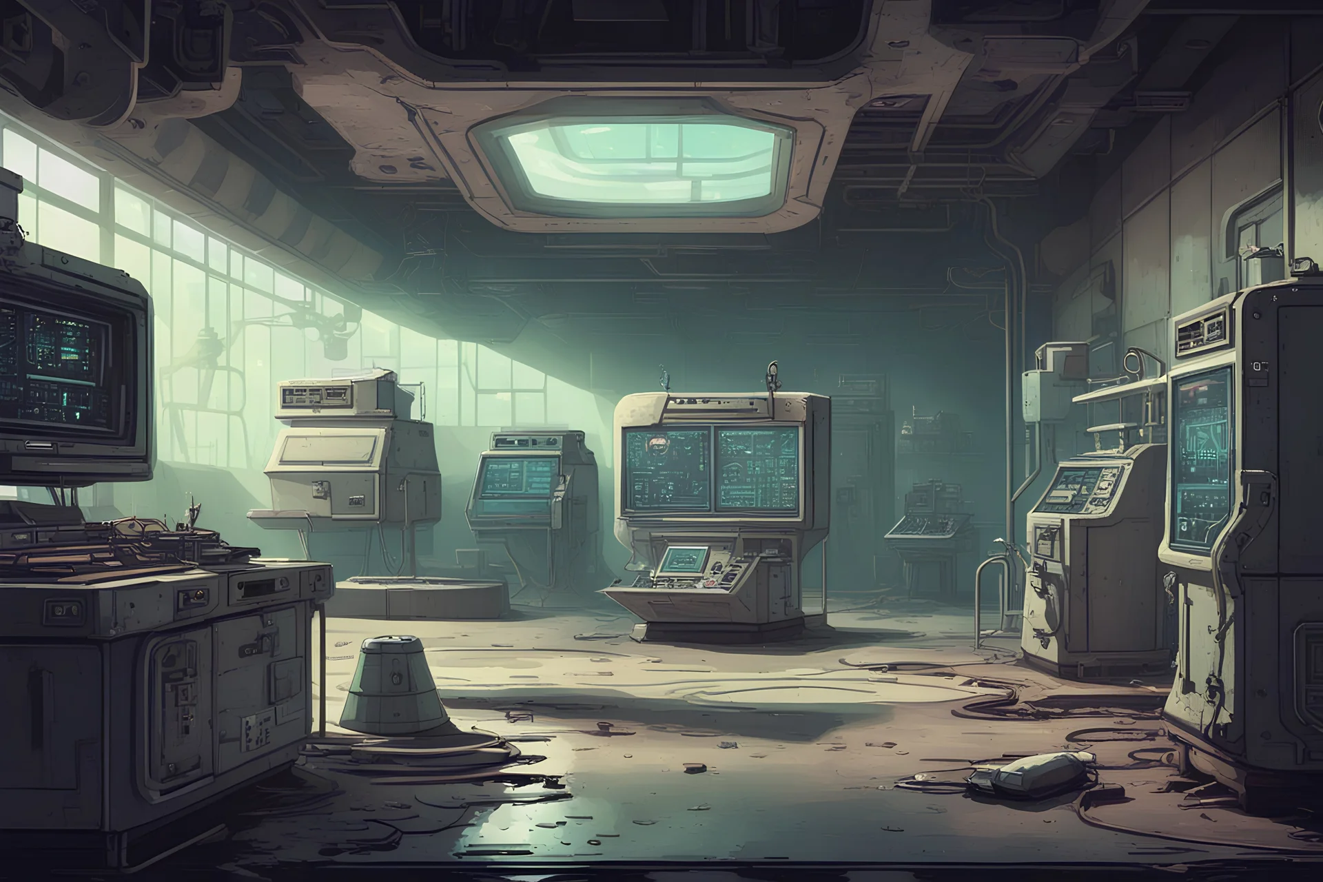 Alien laboratory inside abandoned military base, retro 2D game, commercial movie poster 1970 style