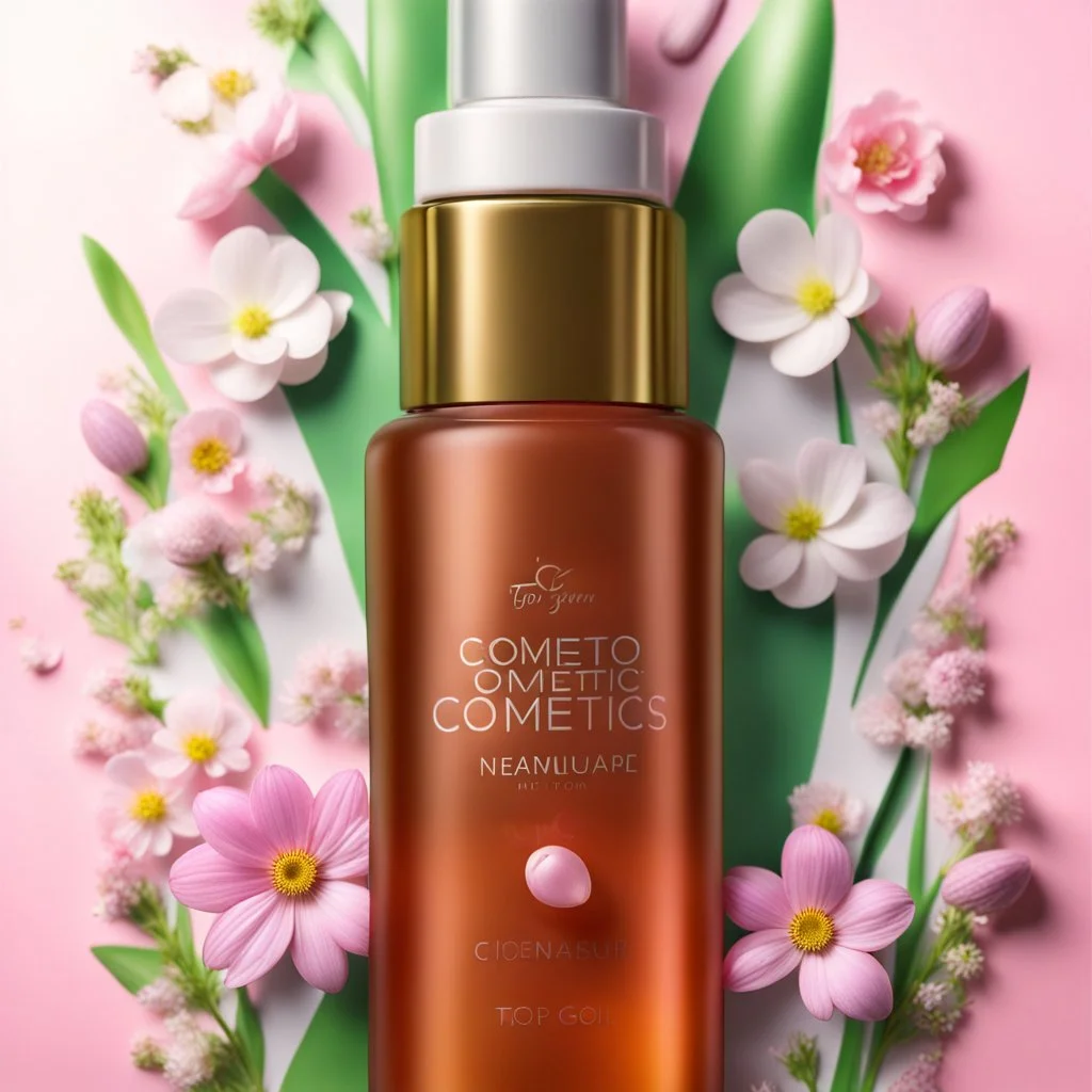 a bottle for cosmetics, with a beautiful spring background in the background, highly detailed picture, top view