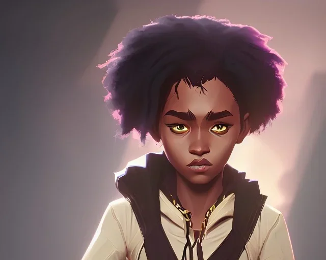 Portrait of an 10 year old cute black kid warlock girl with long dark curly hair and big lips by Nick Harris