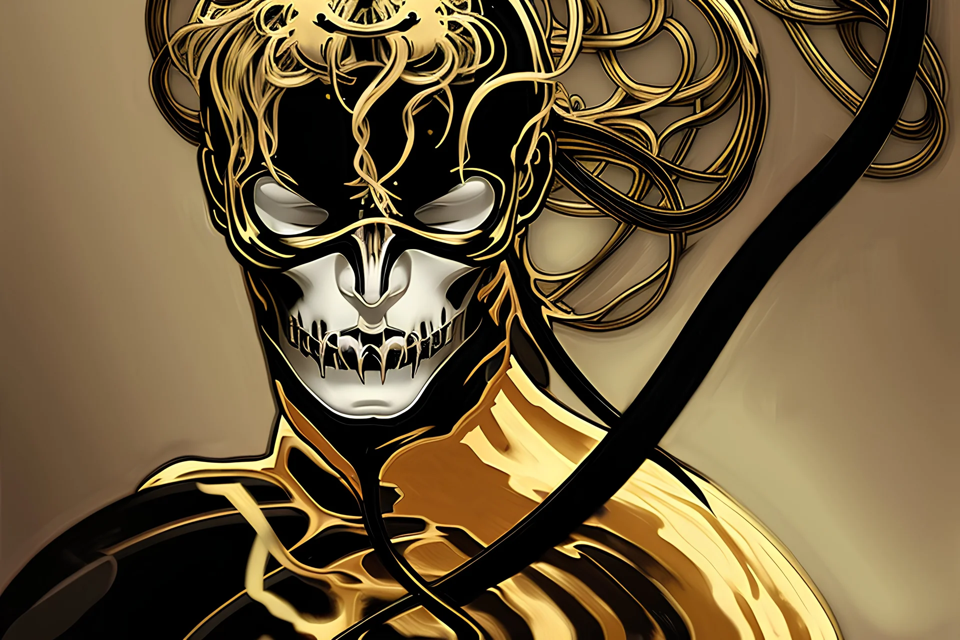 white man wearing a gold skull mask and black, sleek clothes, in dramatic pose, surrounded by a giant centipede, in the style of alphonse mucha