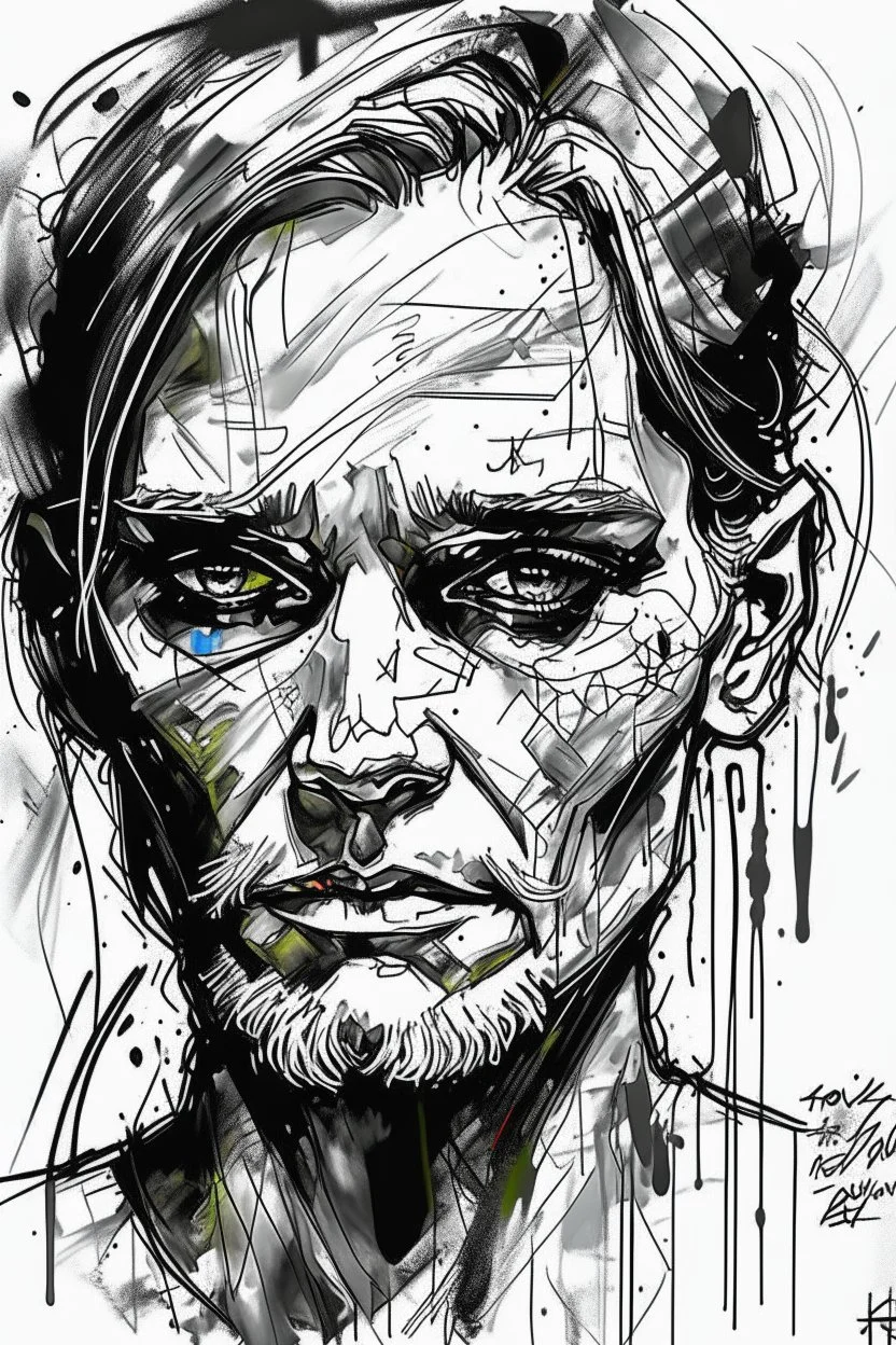 Portrait of personage on slep face , by Dino Valls, by Russ mills, dramatic, background is an elusive drug hallucinatio with a translucent horizontal brushstroke of white covering her eyes, sketched strokes outline, Rhys Ifans as well subject with a translucent horizontal brushstroke of white covering her eyes, sketched strokes outline her figure as well