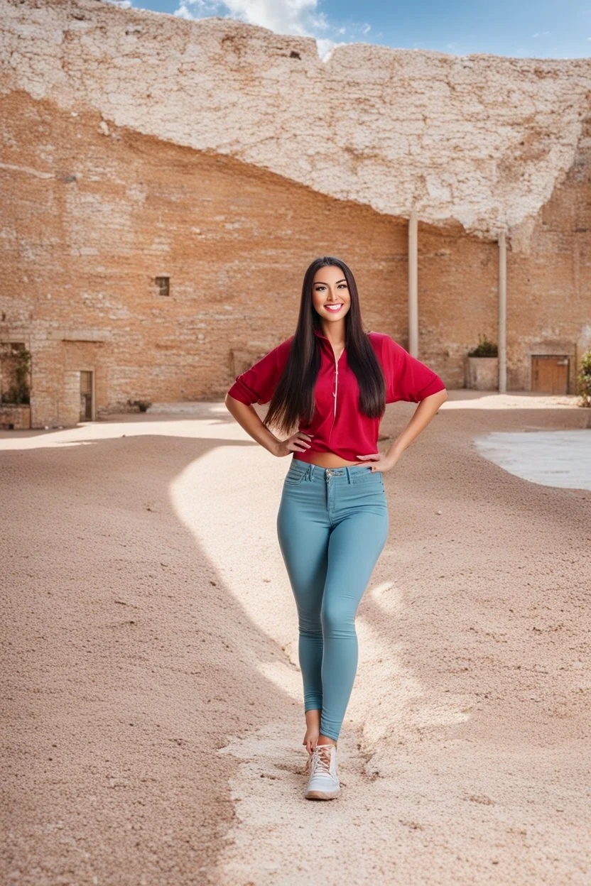 full body of very beautiful girl wearing pants and blouse,sport shoes ,standing idle happy pose in studio pretty makeup