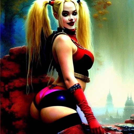 Drawing of beautiful face,'beautiful booty ,Busty Harley Quinn',intense stare, ancient skintight armor, balanciaga fashion clothe painting by gaston bussiere, greg rutkowski, yoji shinkawa, yoshitaka amano, tsutomu nihei, donato giancola, tim hildebrandt, Oil on canvas, cinematic composition, extreme detail,fit full head inside picture,16k