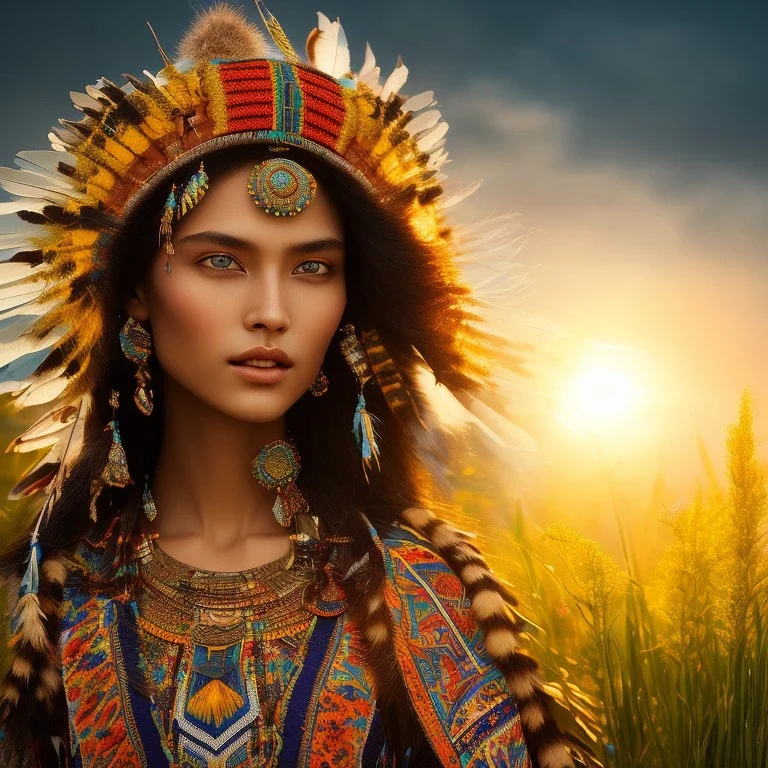 indigenous, beautiful portrait, flowery landscape, light, sun