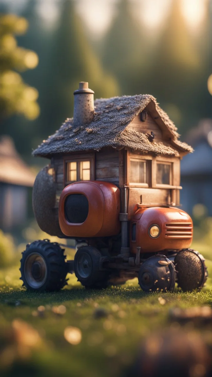 tractor with a small house on top that has the shape of a mushroom,bokeh like f/0.8, tilt-shift lens 8k, high detail, smooth render, down-light, unreal engine, prize winning