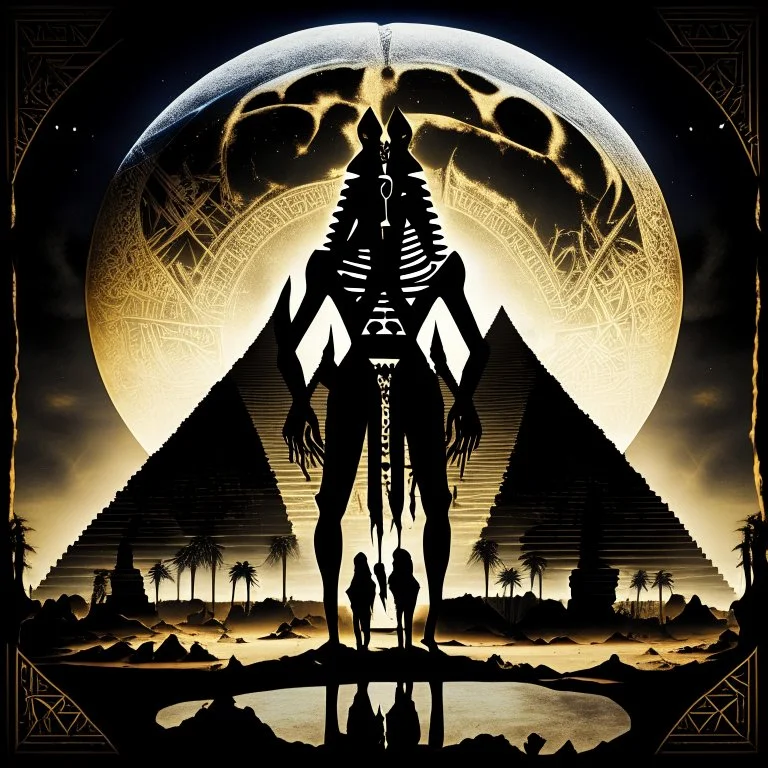 double exposure silhouette of brilliant fantastical Egyptian Bes God, moon rise over Giza pyramids, Lovecraftian Hieroglyphic symbology, intricately detailed, hyper-detailed; complex contrast, incredible composition; dynamic lighting; meticulously composed concept art, masterpiece, heavy metal Album Cover by Wes Benscoter, Reflections, cell-shaded, macabre, sinister