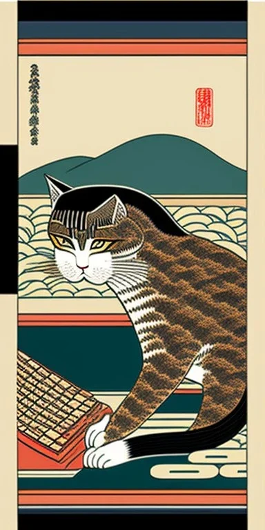 ukiyo-e style painting of a cat typing on a computer