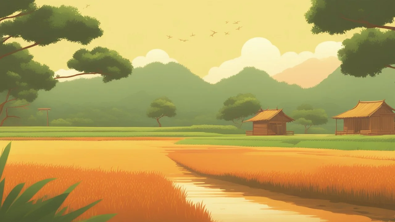 Rice field，Trees，Warm color palette，Animation，A lovely grasshopper