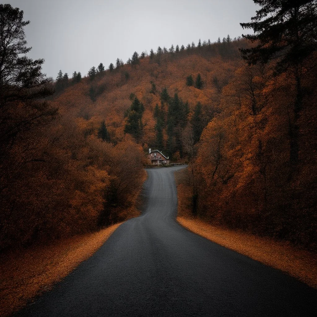 a dark autumn forest, a long winding road leading up a hill in the distance, with a warm welcoming cottage at the top