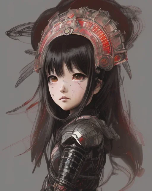 Detailed anime child girl, dark brown hair, black and red dragon scale armour, intricate details, full body portrait, keep head in frame, slight smile, black Japanese motif, concept art, highly detailed, digital painting, concept art, sharp focus, illustration, art by Yoji Shinkawa, WLOP and greg rutkowski and alphonse mucha and artgerm and yanjun Chen and Junji ito and Makoto Shinkai, HDR, octane render