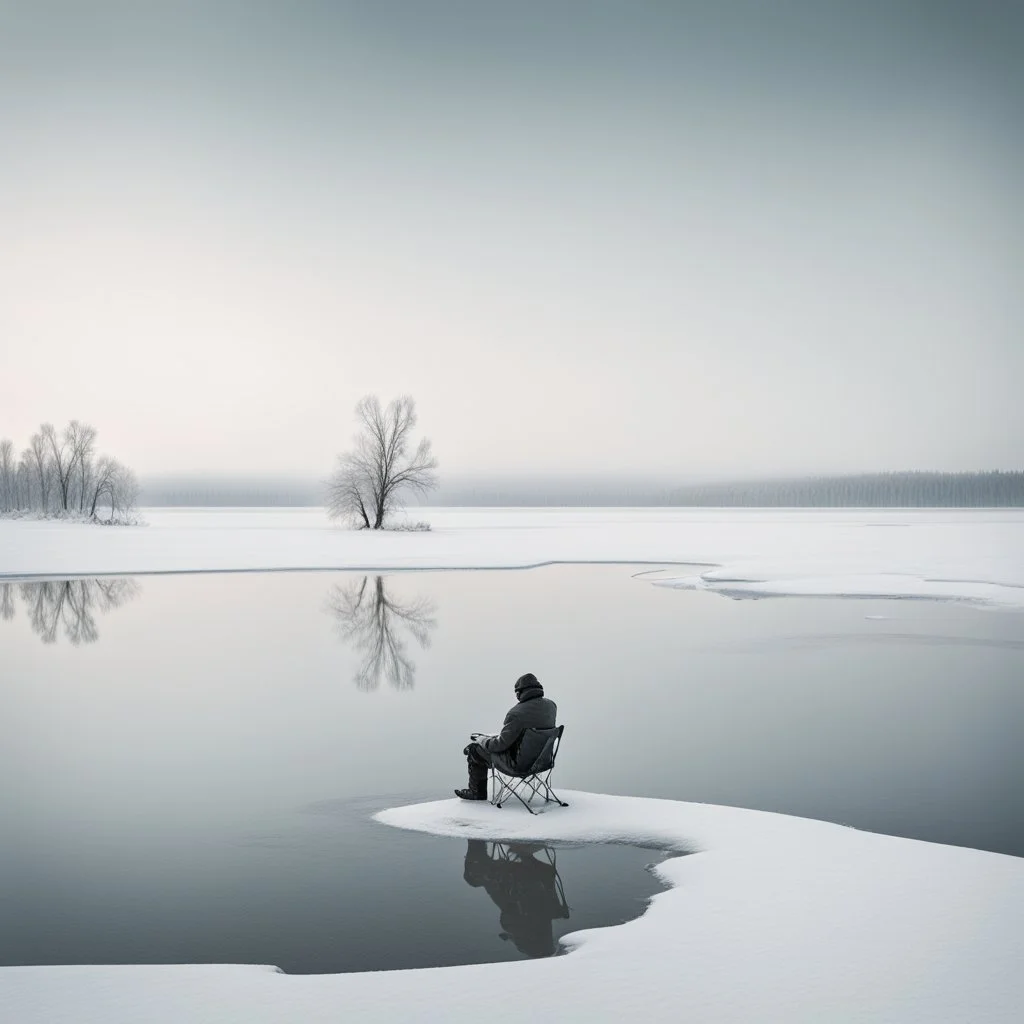 A captivating hyper minimalist photograph of a barren snow-covered lake, in the far distance is a man sitting in a chair ice fishing. The overall color palette is muted, the flat treeless landscape stretches out in a long shot, creating a sense of isolation and desolation