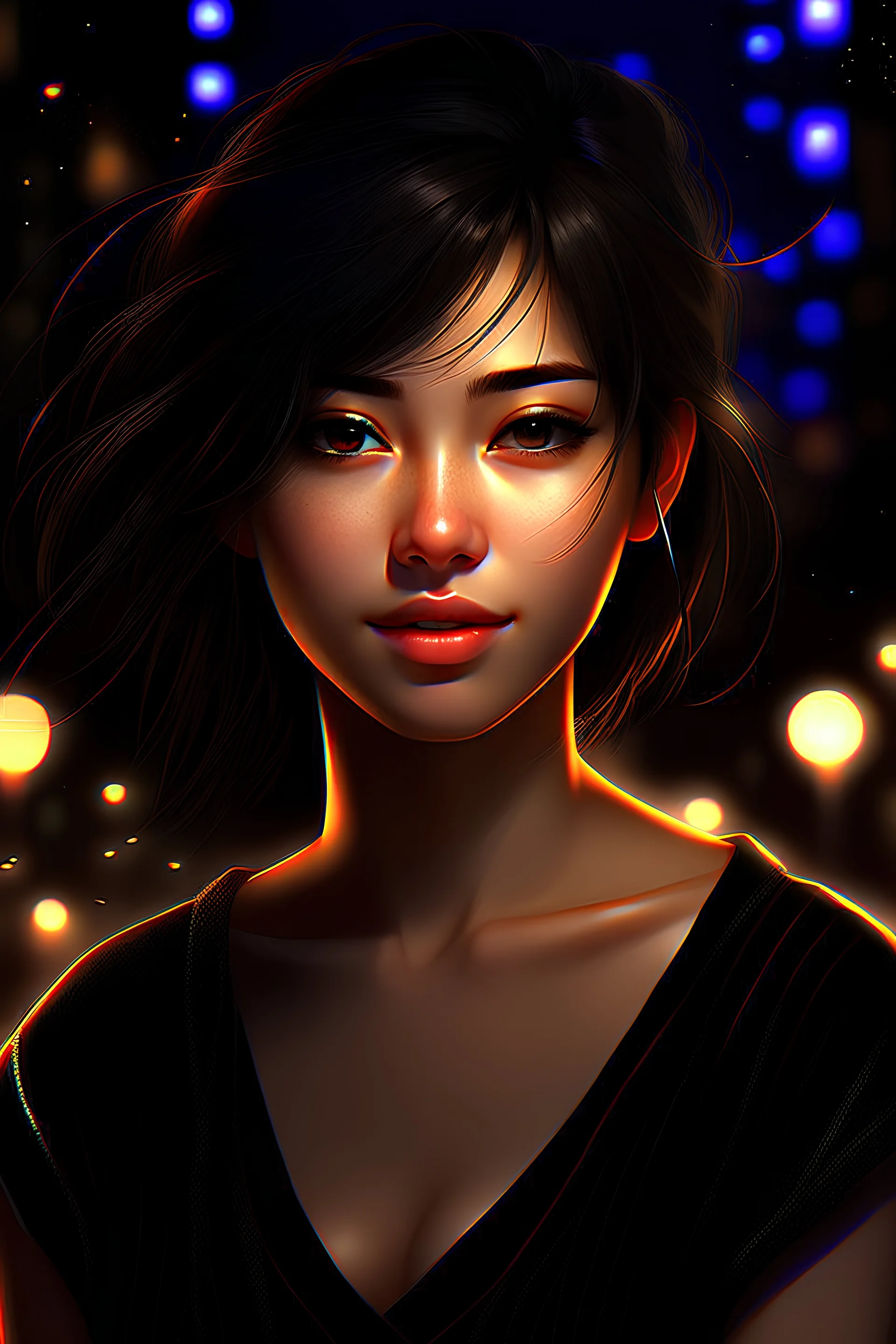 Digital art, high quality, digital masterpiece, natural illumination, spotlight, night illumination, realistic, (full body:3), (1 young boy:1.5), (Femenine face:1.5), (Pretty eyes:1.2), Sexy eyelashes, Black eyelashes, (Dark Brown hair:1.5), (subtlety smiling:1), (Cat ears:2), (Olive skin:1.5), (Sitting:1.5), (City at night:2)