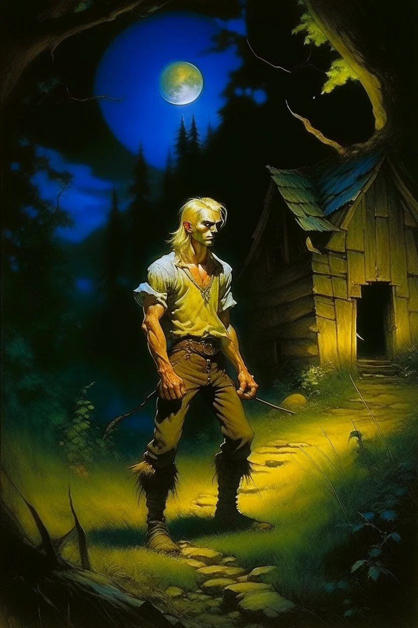 1970's dark fantasy cover dnd style oil painting of a ignorant hobo skinny medieval farmer blond man with sport outfits working at a hunted house at night with minimalist far perspective. Magazine.