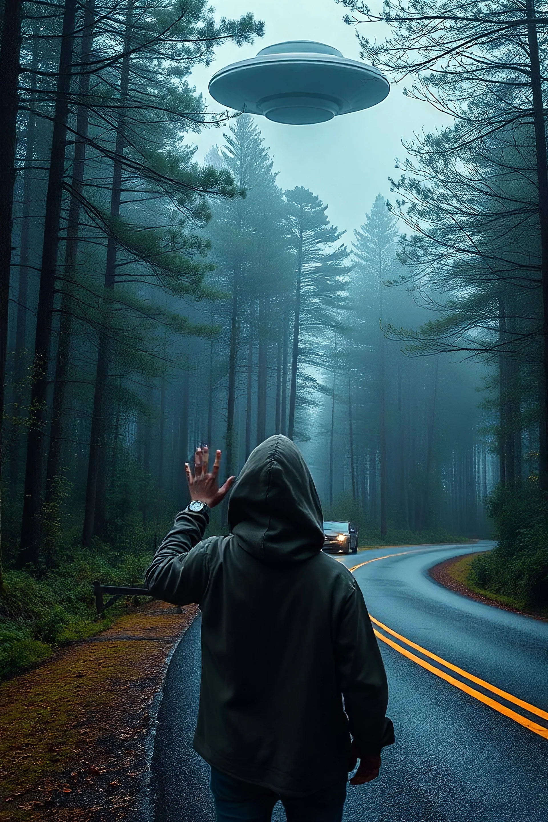 Fantasy forest road a man with hood waiting for a ride raising one hand to the driver to stop on the side of the road car did not stop ufo hovering above the car up