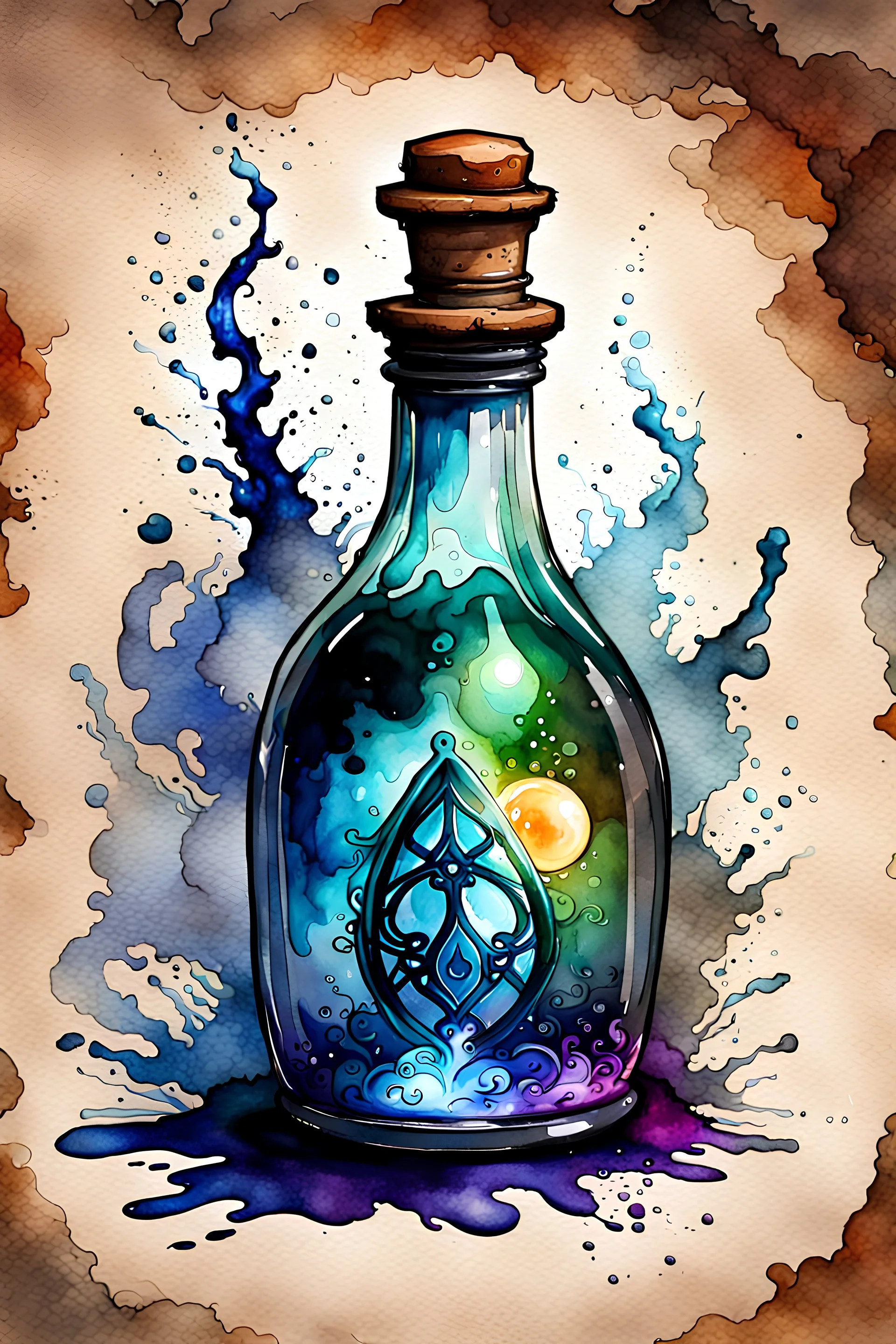 pathfinder magical potion bottle, ink wash and watercolor, 8k, ArtStation, DeviantArt