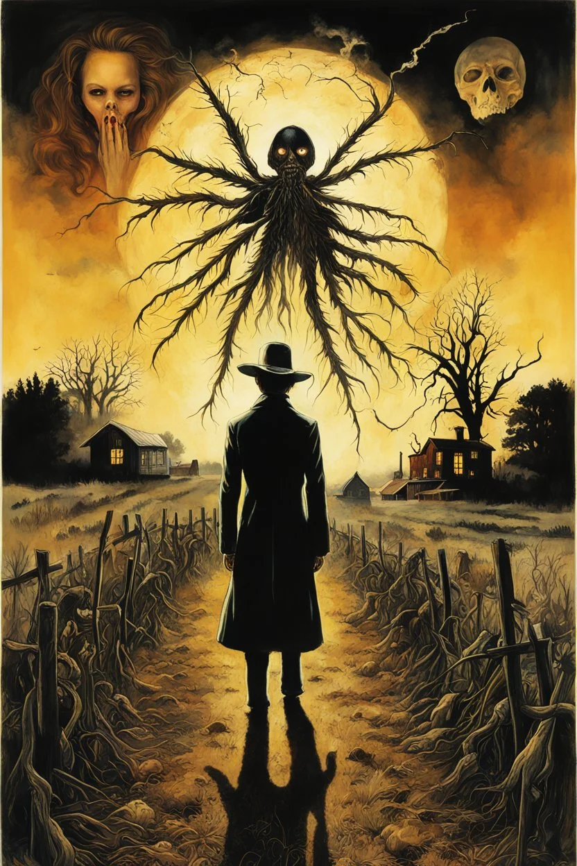 Modern horror Movie poster for text "BLACK LUNG HAY FEVER" by Drew Struzan, author text "S.E. CASEY", by Dave McKean, small dusty midwestern farm town set barren field afire to exorcise the spirits of two sinister scarecrows whose profiles can be seen in the distance, eerie, uncanny, ghastly surreal horror, digital collage art. double exposure effect, dark colors, dramatic, text "BLACK LUNG HAY FEVER"