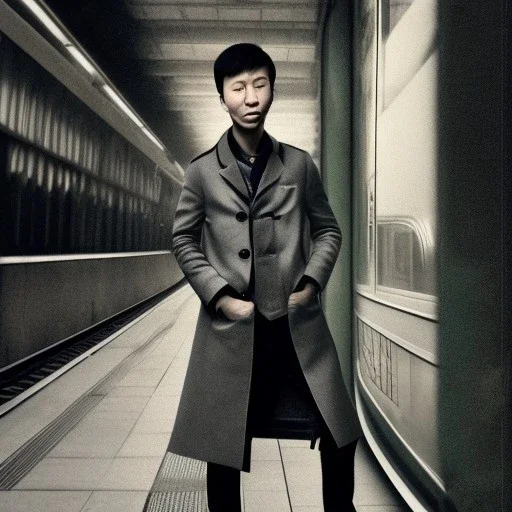 A young Asian man with long hair and a black trench coat waiting for a woman at a train station in Tokyo