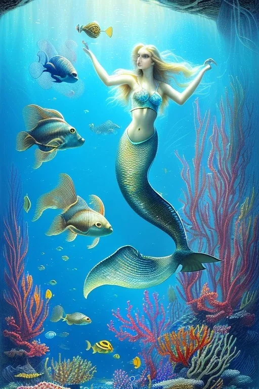 underwater scene, a mermaid, beautiful colors, octopus, fish, very fine detail, high quality, mystical, romanticism, intricate, Neo-Impressionism,