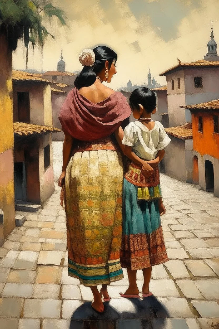 2 mexican woman painting neoclassism standing from the back whole body zoom out standing in a traditional mexican city with child