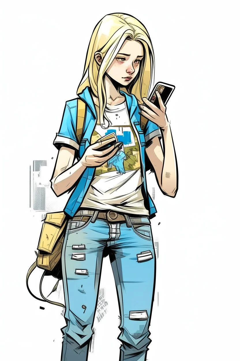 girl, blonde, , , holding a cellphone, comic book art style, geek, engineer, t-shirt, jeans, drug addict, ,