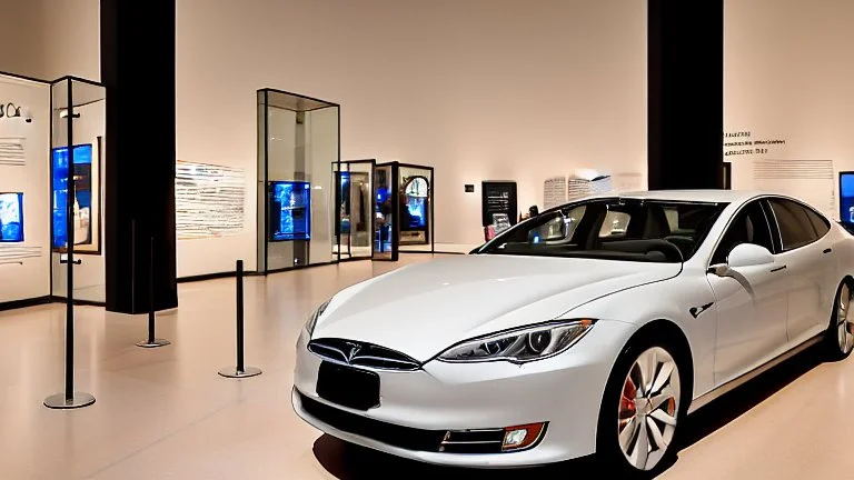 A Tesla's 'Model S Plaid' is parked, at inside the 'National Air and Space Museum', in Washington, D.C. CINEMATIC. WIDE ANGLE LENS.