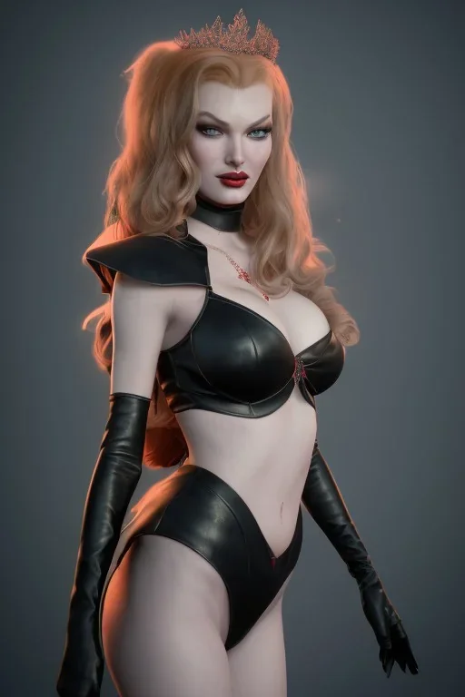 Veronica Lake as evil queen in black leather, busty, cleavage, curvy, angry, stern look. character design by cory loftis, fenghua zhong, ryohei hase, ismail inceoglu and ruan jia. unreal engine 5, artistic lighting, highly detailed, photorealistic, fantasy