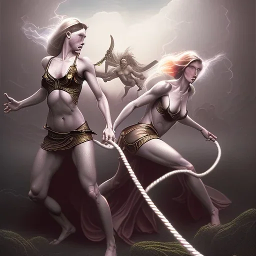 Two women skipping with a rope, demons and angry gods fight in the background, in the style of a Michael Moorcock book cover.