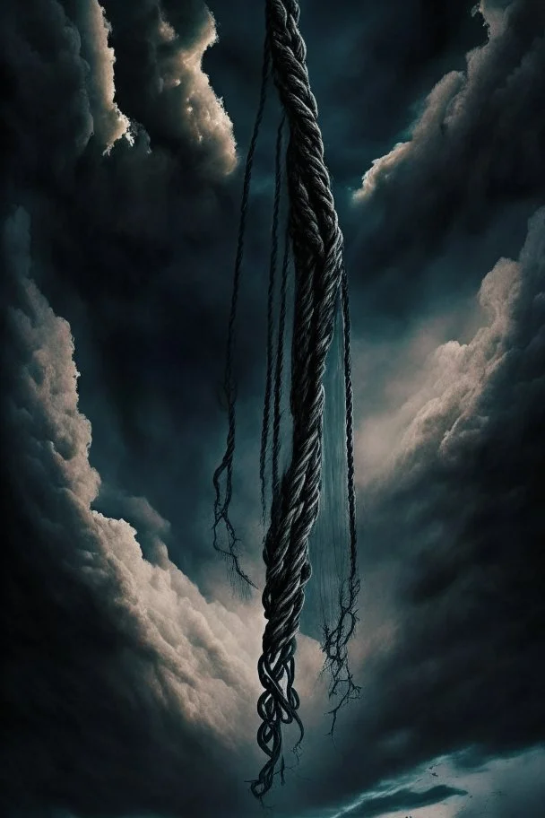 Human corpses, a long, strong and large rope hanging from the terrifying sky, inspired by science fiction, the scene is drama and cinema scenarios, the epic of the sky, dark colors, sad and depressing ،