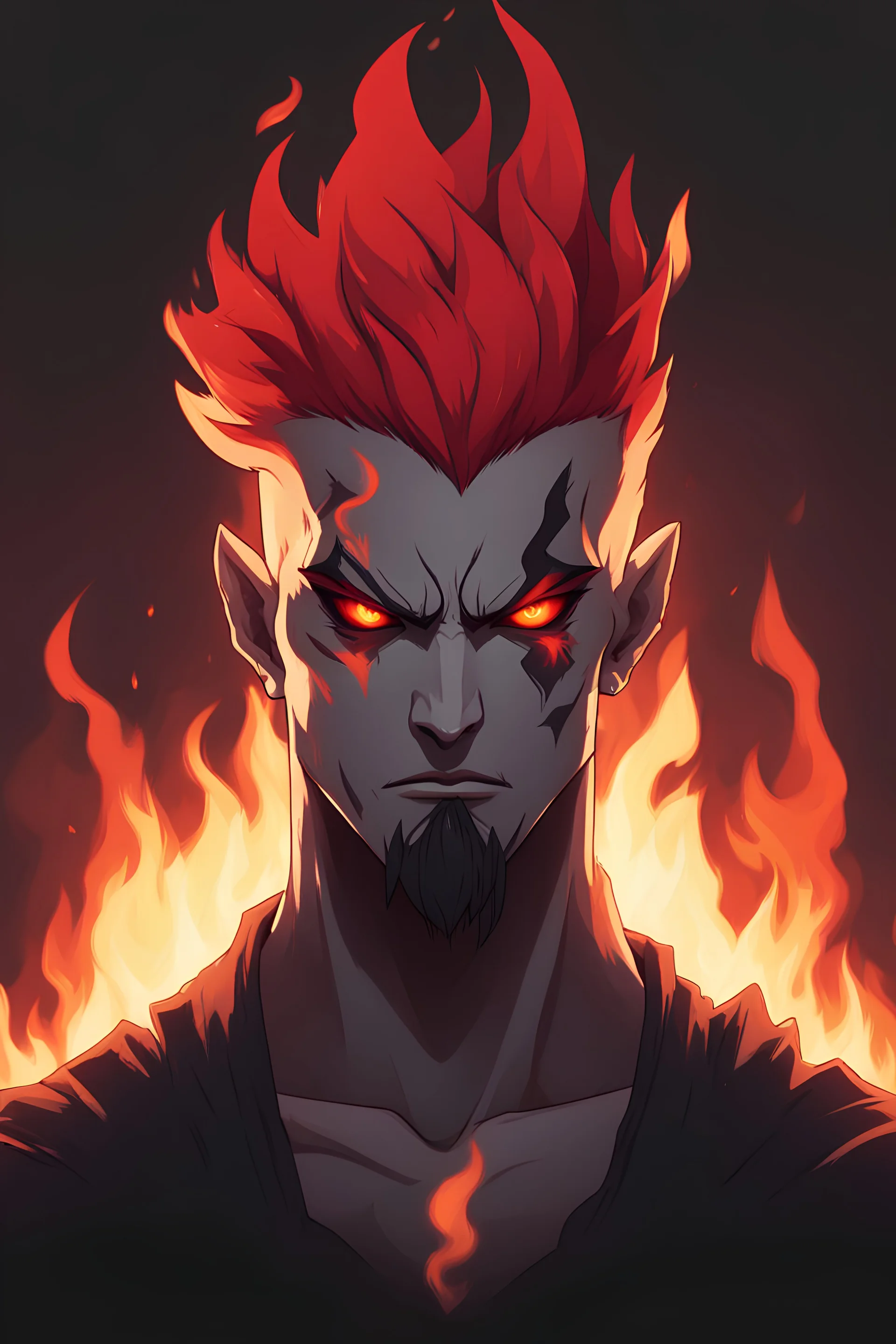 game art of hades head, 20 years old, minimalistic logo, in fire, flaming maroon hair, mohawk hair, serious face, stylish red and black color, small red color eyes, fire tattoo, look up, anime style, superhero