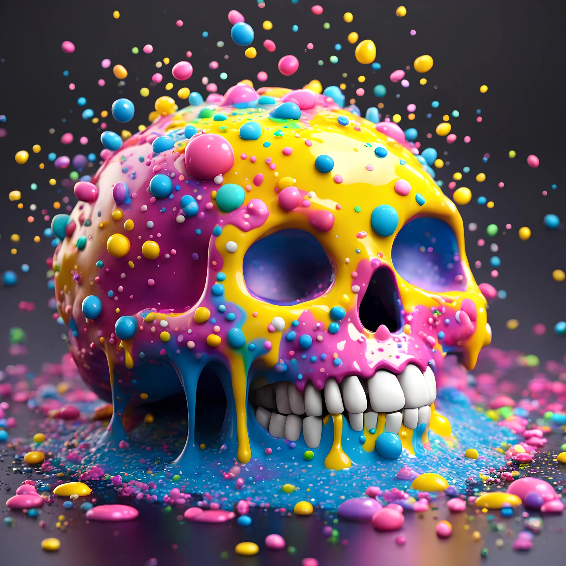 ((gooey melting cartoon skull)), pixar animation style, fluid form, (( covered in coloured sprinkles, candy coated raindrop toppings)), yellow, pink and blue, whimsical, adorable and cute, photorealistic cg, 3D concept art, colour alchemy, dark gradient background, playful, soft smooth lighting, white eyes, detailed, stylised and expressive, sharp, wildly imaginative, skottie young, dr seuss, Recursive ray tracing, neon rainbow graffiti, pop surrealism, Houdini FX, mantra renderer