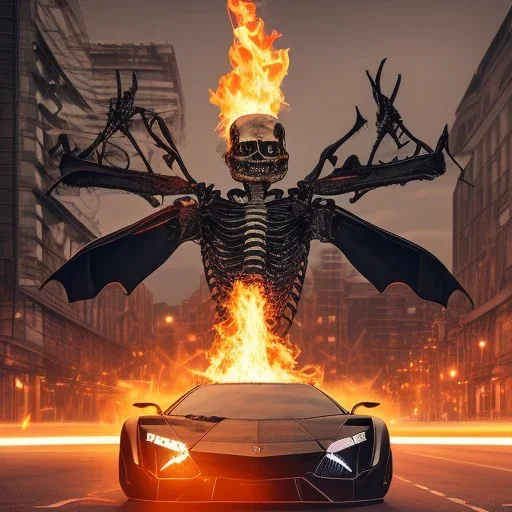 Fire head skeleton Rider wearing a black leather on black Lamborghini in the middle of street rounded by high tower in a City