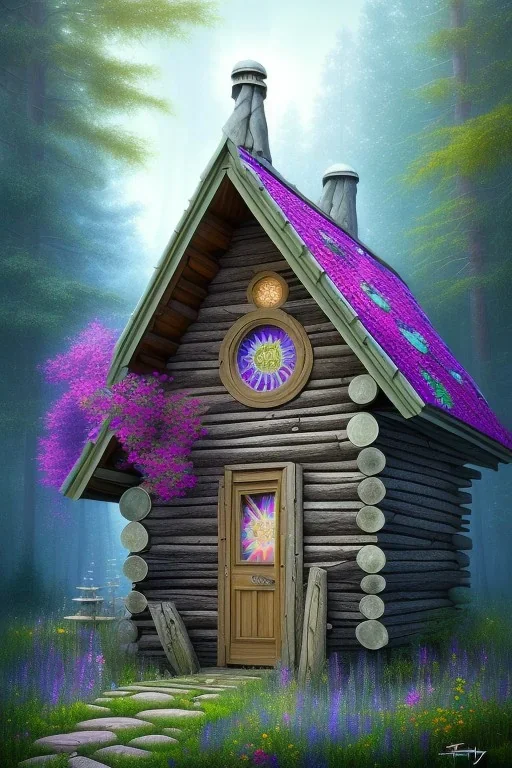 sharp focus, fine detail, romanticism, mystical forest, wooden cabin, acrylic paint, mystical, purple blue yellow silver teal black olive azure, red, pink, brown, flowers,