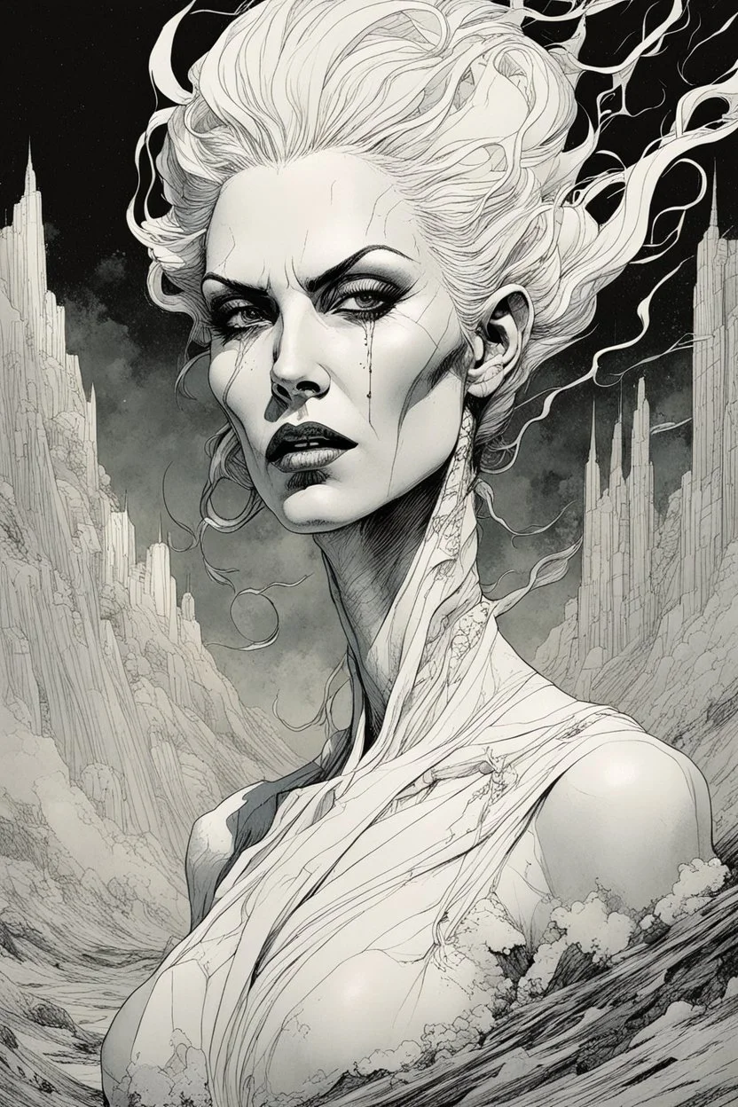 create a highly ethereal, darkly magical surrealist portrait illustration of the mother of vampires, Lamae Bal, with highly detailed and deeply cut facial features, in the chaotic, turbulent, otherworldly landscape of Coldharbour in the comic art style of BILL SIENKIEWICZ and JEAN GIRAUD MOEBIUS, searing lines and forceful strokes, precisely drawn, inked, and darkly colored