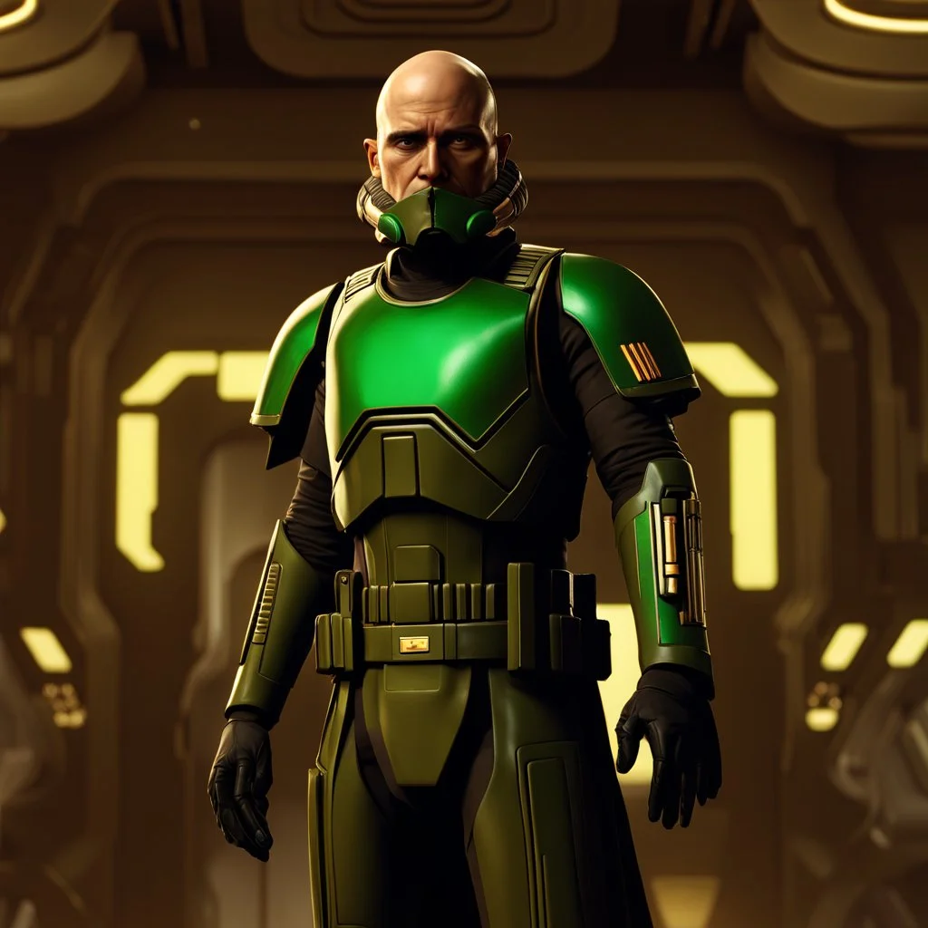 star wars bald male corellian jedi pilot wearing black and olive drab old republic armored flightsuit with gold trim inside the jedi temple holding a lightsaber with viridian green blade in left hand, centered head and shoulders portrait, hyperdetailed, dynamic lighting, hyperdetailed background, 8k resolution, volumetric lighting, light skin, fully symmetric details