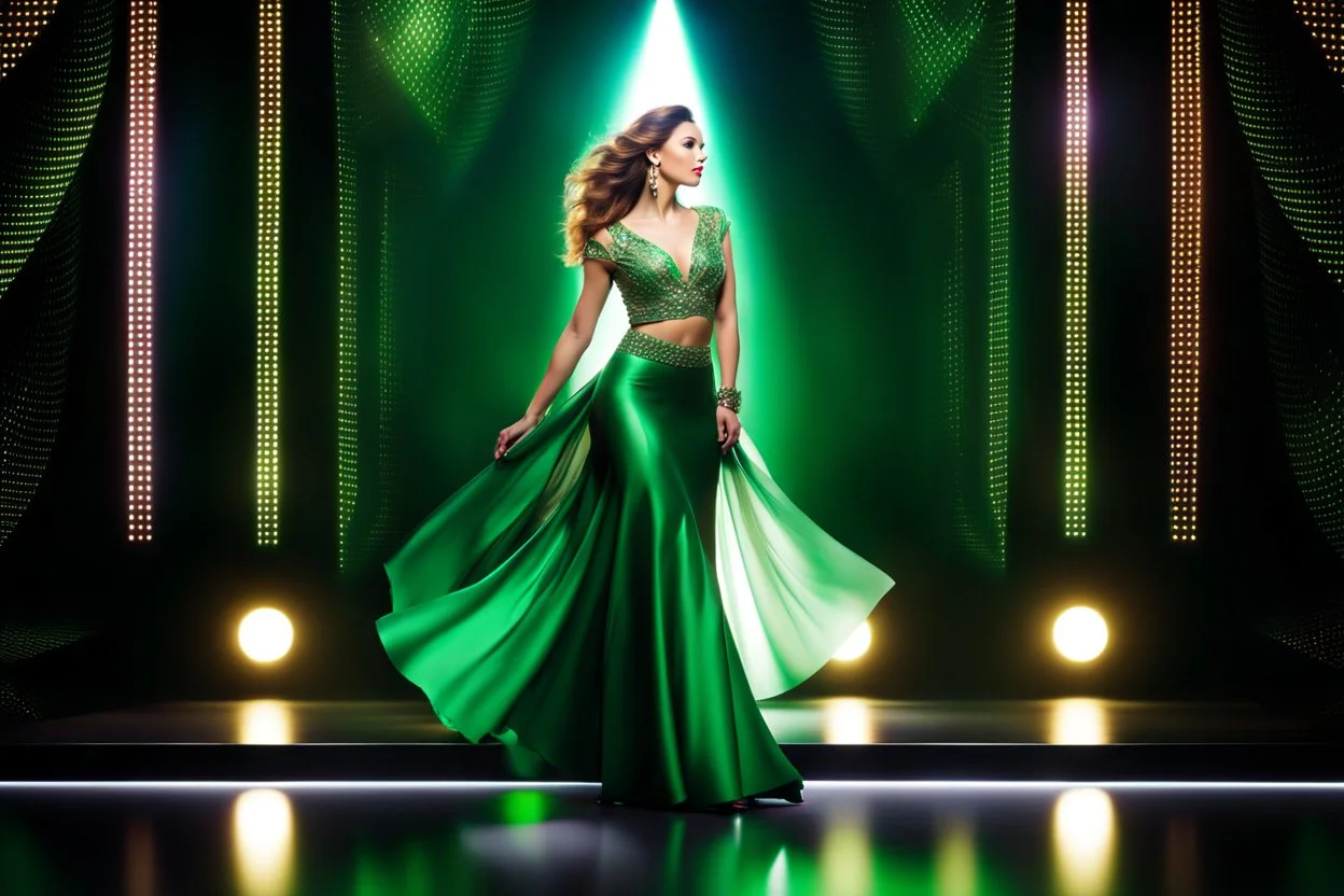 a very beautiful lady with makeup and curvy hair, wearing a pretty green jewelled long skirt with blouse and high heels, dancing over a modern stage with luxury metalic fractal recursive structures and dynamic color lights.3by 2