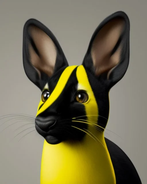 A black, round creature with long ears with yellow stripes and a long tail with a yellow stripe