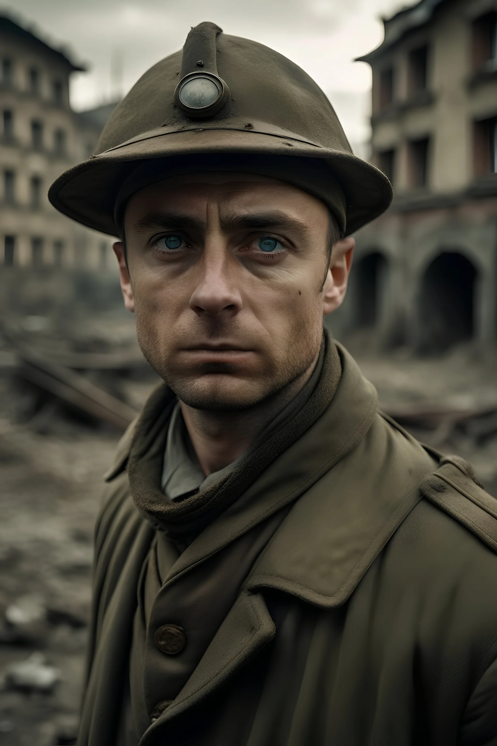 soldado soviético de la segunda guerra mundial con gorro de piel, mirando a la càmara, rodeado de la ciudad en ruinas